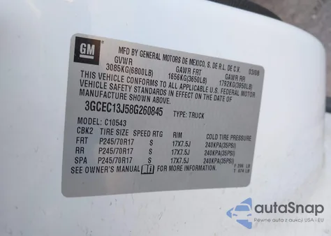 2008 Chevrolet Silverado 1500 Lt1 z USA, uszkodzony, nr VIN 3GCEC13J58G260845